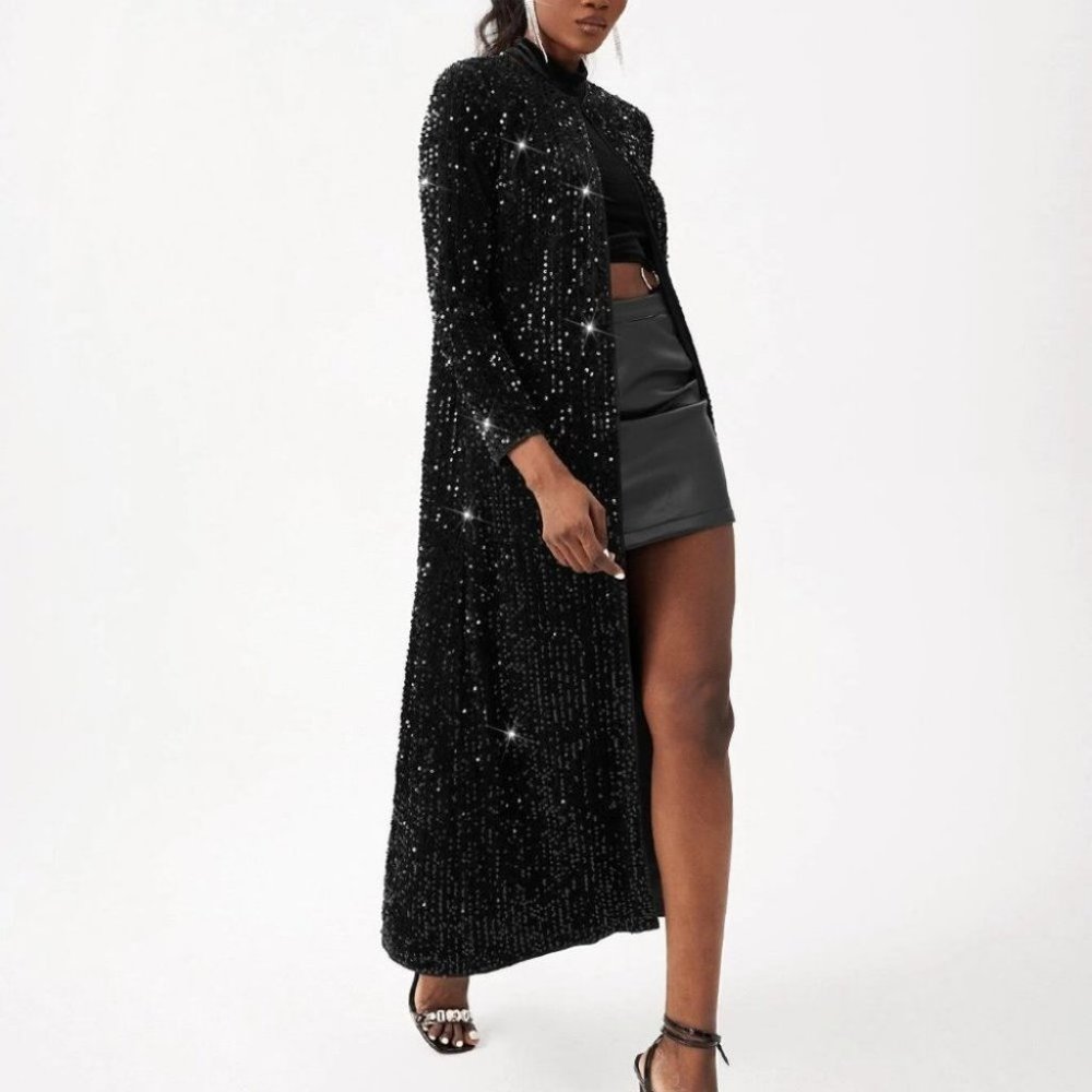 Preppy Womens black Open front Sequin Coat - Picture 3 of 5